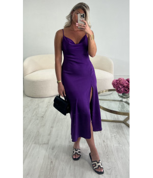 Midi satin dress slit purple